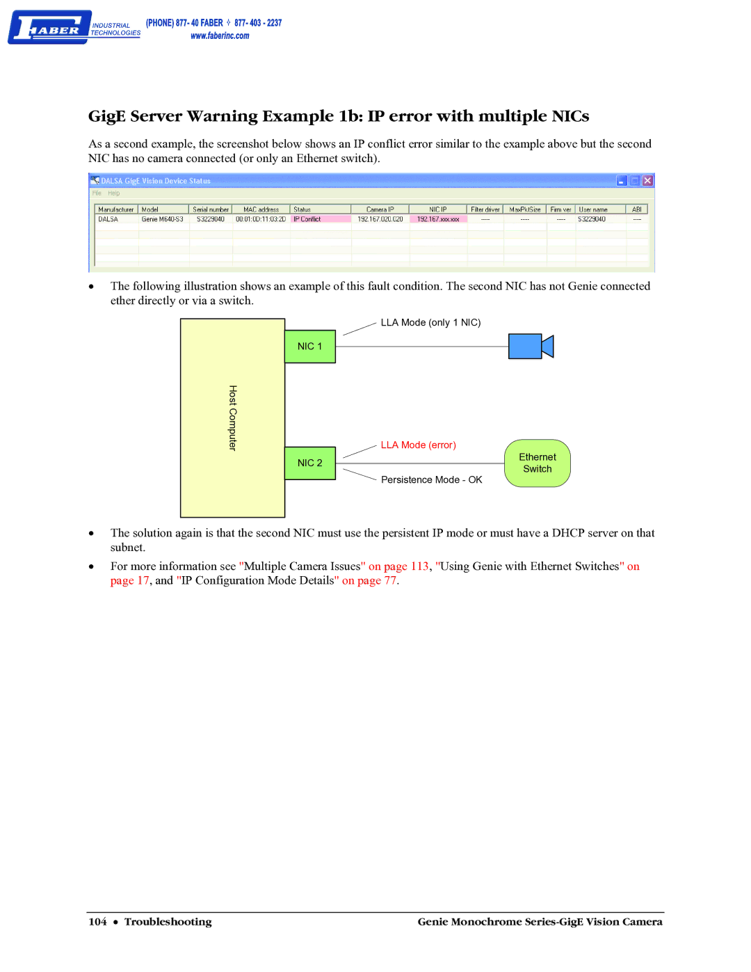 Faber M1024, M640, M1600, M1400 user manual GigE Server Warning Example 1b IP error with multiple NICs 