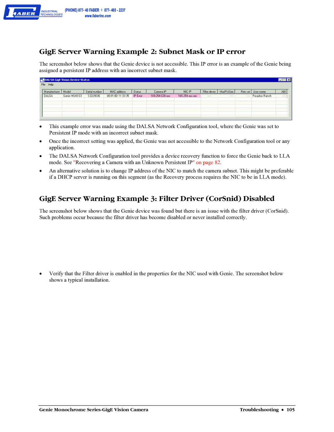 Faber M1400, M640, M1600, M1024 user manual GigE Server Warning Example 2 Subnet Mask or IP error 