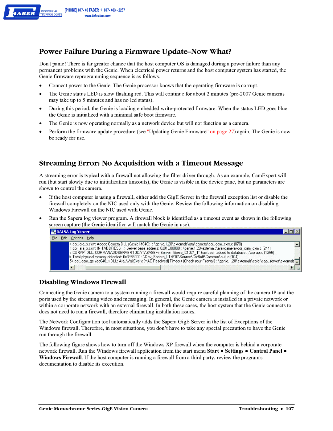 Faber M1600, M640 Power Failure During a Firmware Update-Now What?, Streaming Error No Acquisition with a Timeout Message 