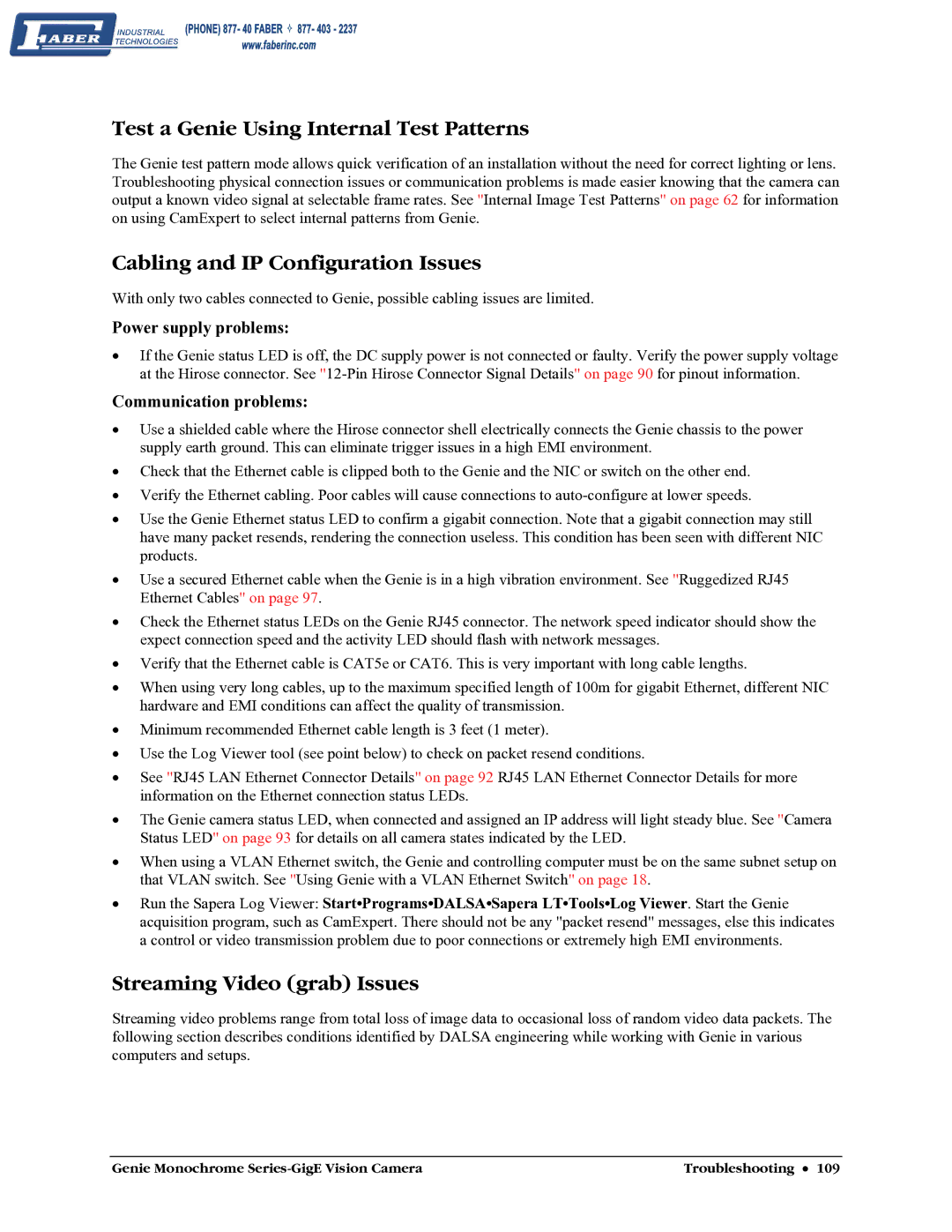 Faber M1400 Test a Genie Using Internal Test Patterns, Cabling and IP Configuration Issues, Streaming Video grab Issues 