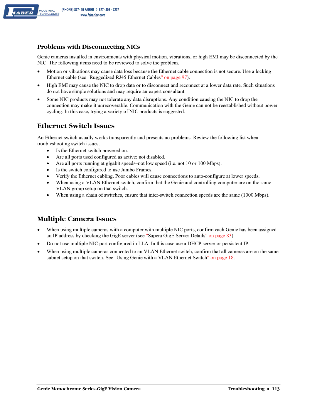 Faber M1400, M640, M1600, M1024 user manual Ethernet Switch Issues, Multiple Camera Issues, Problems with Disconnecting NICs 