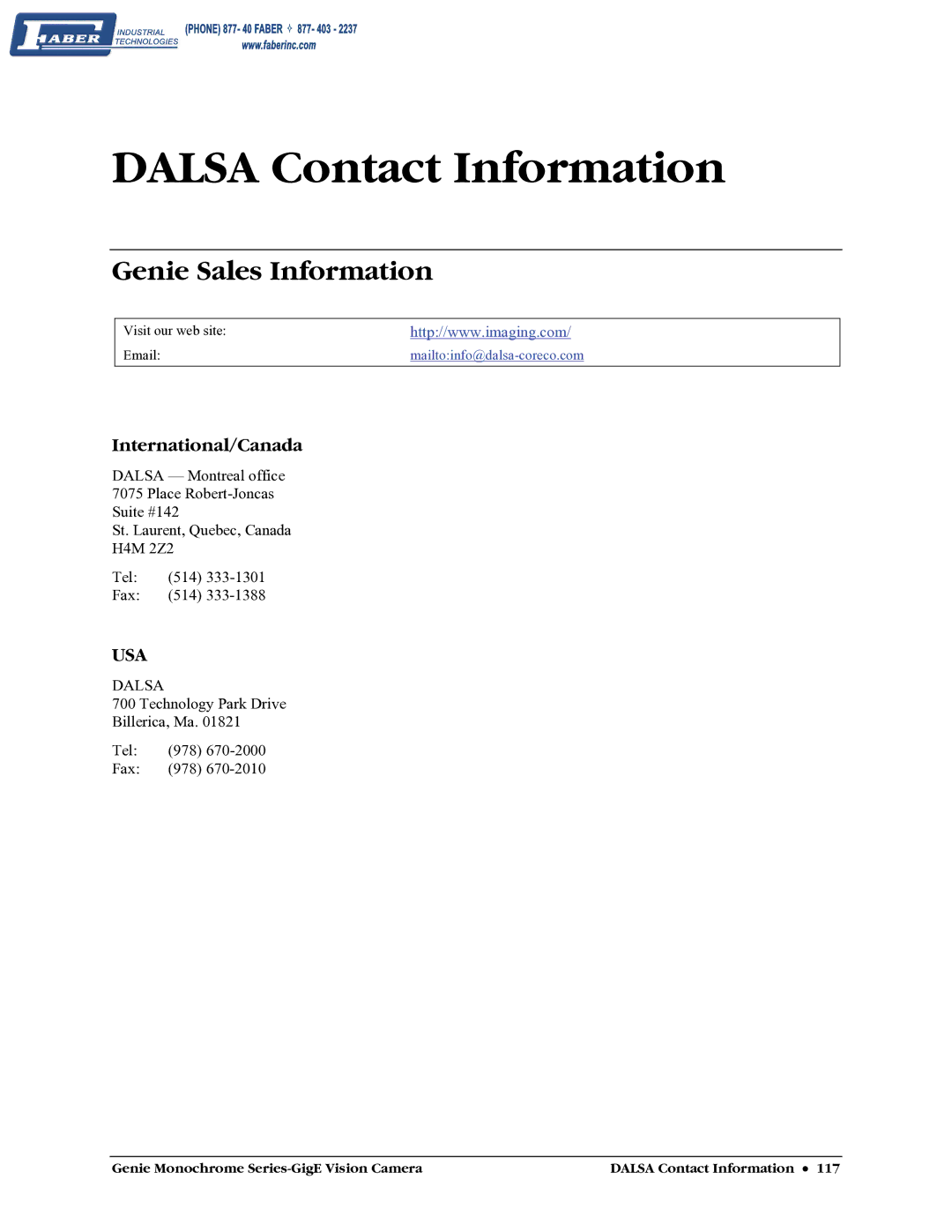 Faber M1400, M640, M1600, M1024 user manual Dalsa Contact Information, Genie Sales Information, International/Canada 