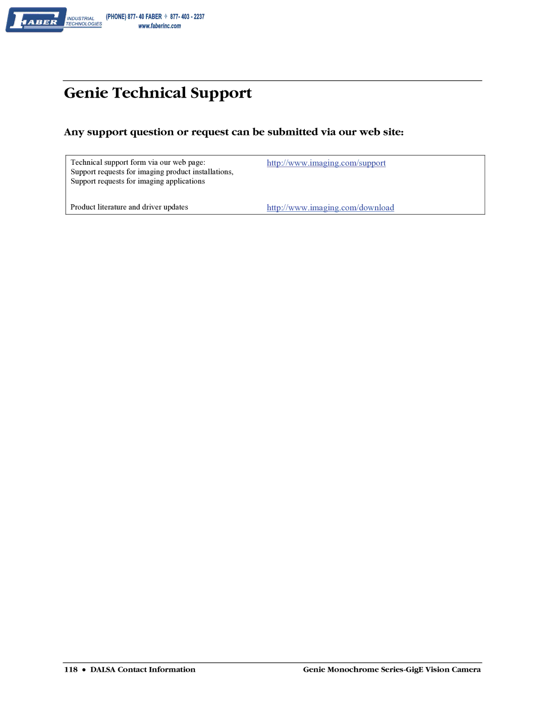 Faber M640, M1600, M1024, M1400 user manual Genie Technical Support 