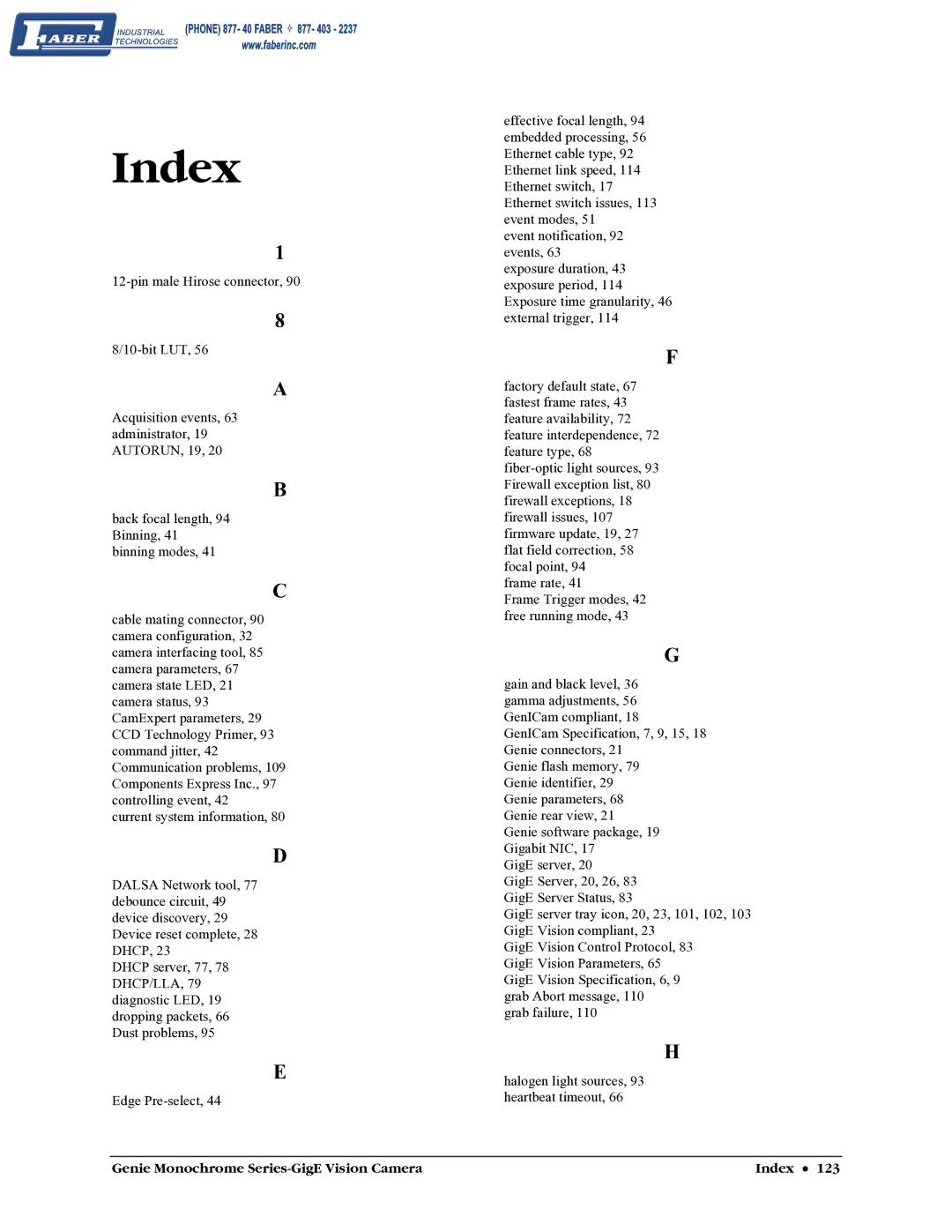 Faber M1600, M640, M1024, M1400 user manual Genie Monochrome Series-GigE Vision Camera Index 