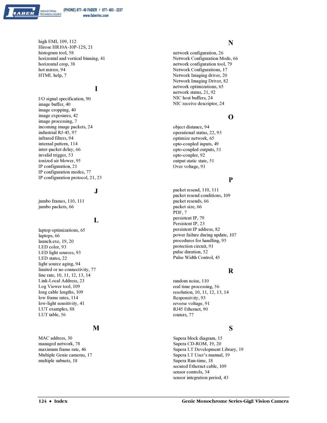 Faber M1024, M640, M1600, M1400 user manual Index Genie Monochrome Series-GigE Vision Camera 