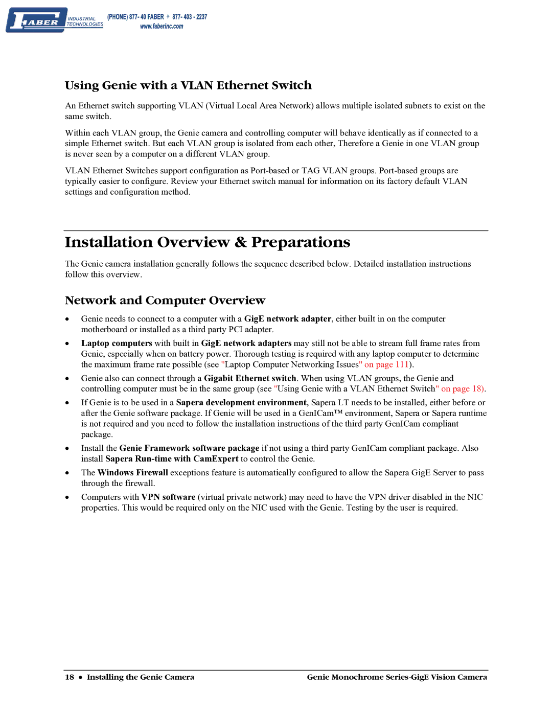 Faber M640 Installation Overview & Preparations, Using Genie with a Vlan Ethernet Switch, Network and Computer Overview 