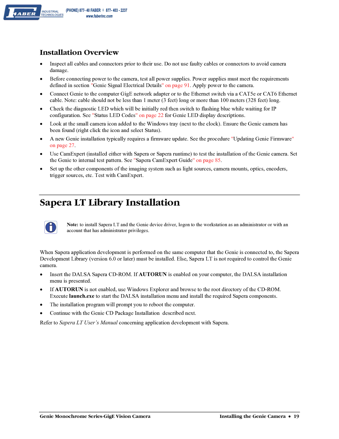 Faber M1600, M640, M1024, M1400 user manual Sapera LT Library Installation, Installation Overview 