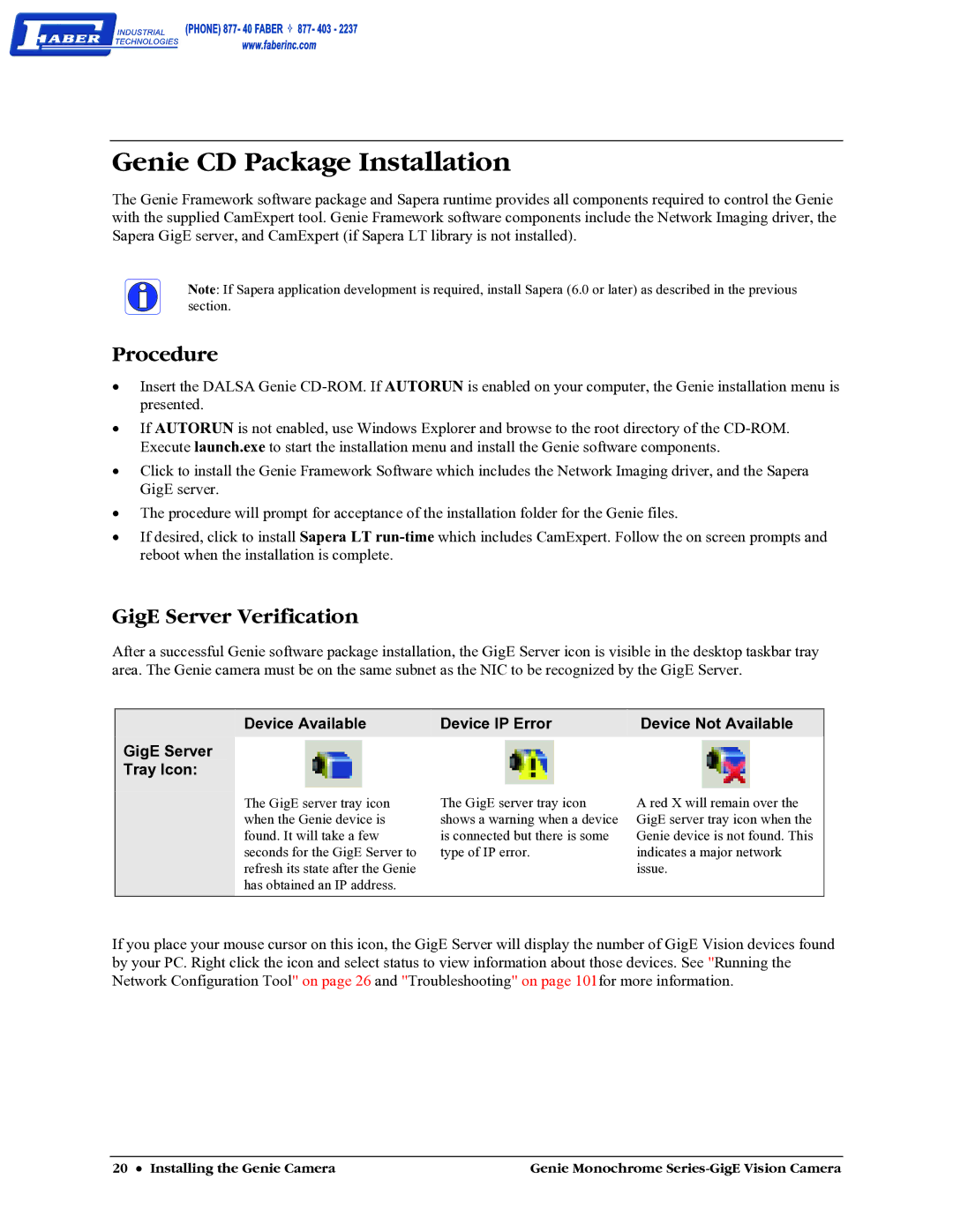 Faber M1024, M640, M1600, M1400 user manual Genie CD Package Installation, Procedure, GigE Server Verification 