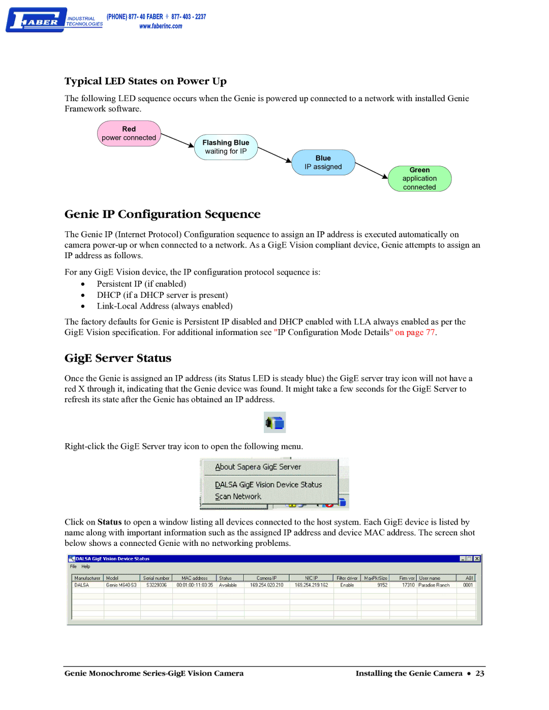 Faber M1600, M640, M1024, M1400 Genie IP Configuration Sequence, GigE Server Status, Typical LED States on Power Up 