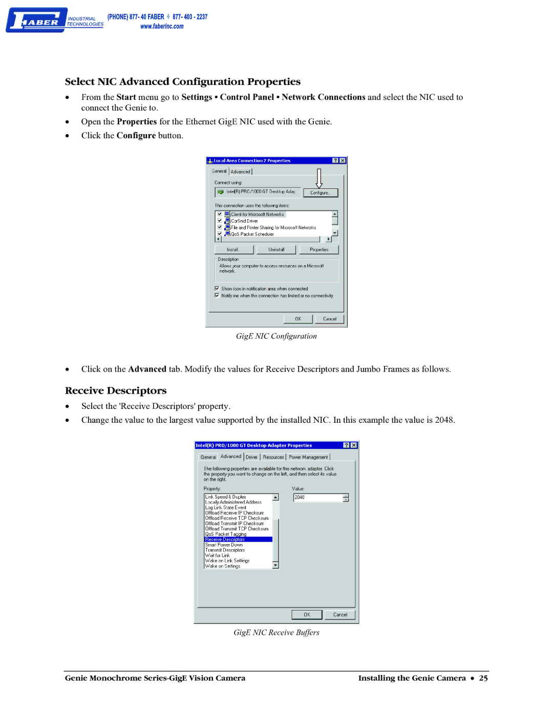 Faber M1400, M640, M1600, M1024 user manual Select NIC Advanced Configuration Properties, Receive Descriptors 