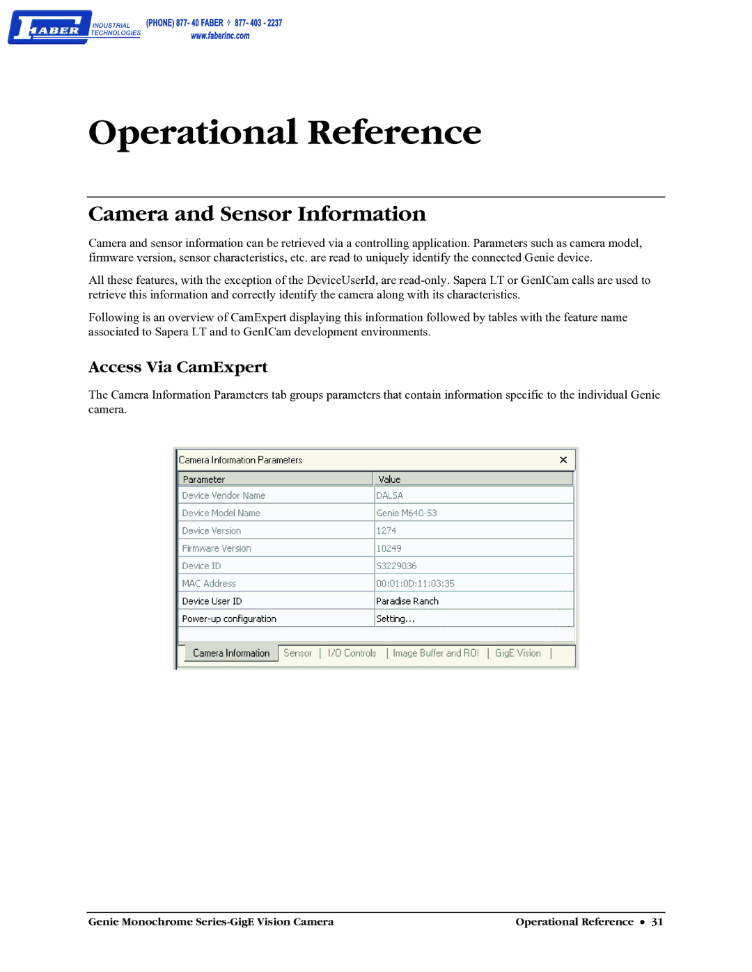 Faber M1600, M640, M1024, M1400 user manual Operational Reference, Camera and Sensor Information, Access Via CamExpert 