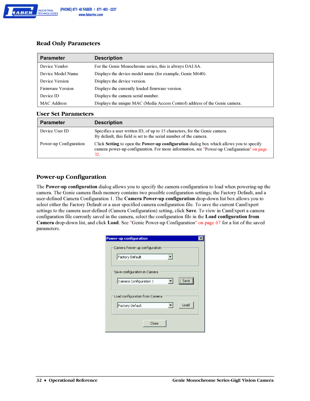 Faber M1024, M640, M1600, M1400 Read Only Parameters, User Set Parameters, Power-up Configuration, Parameter Description 