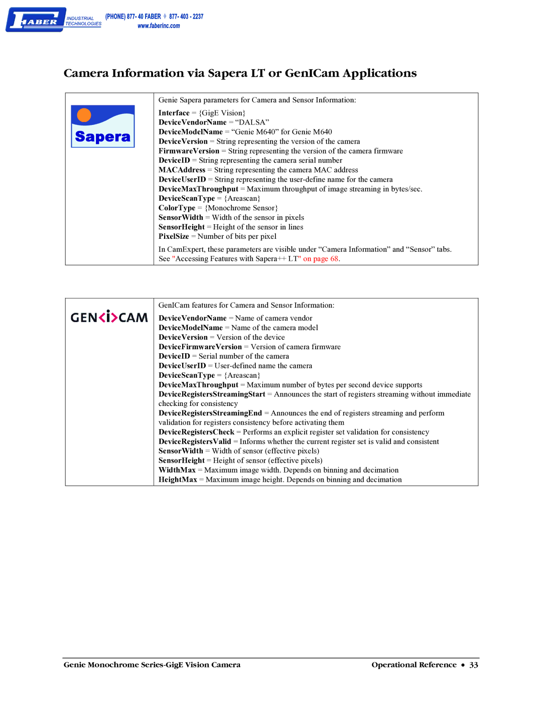 Faber M1400, M640, M1600, M1024 user manual Camera Information via Sapera LT or GenICam Applications 