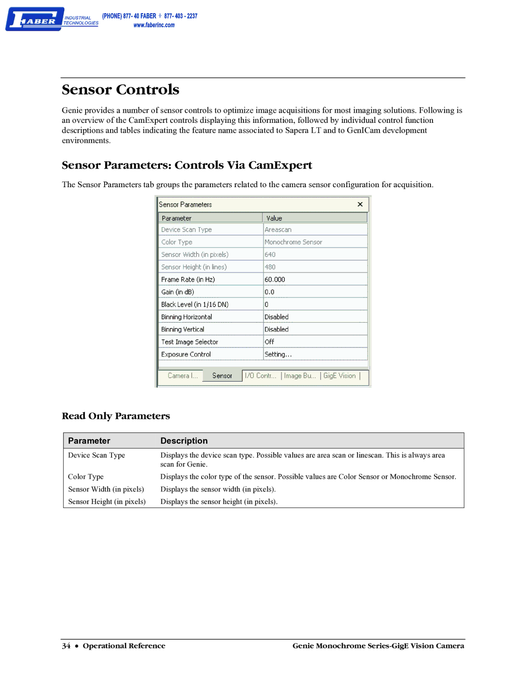 Faber M640, M1600, M1024, M1400 user manual Sensor Controls, Sensor Parameters Controls Via CamExpert 