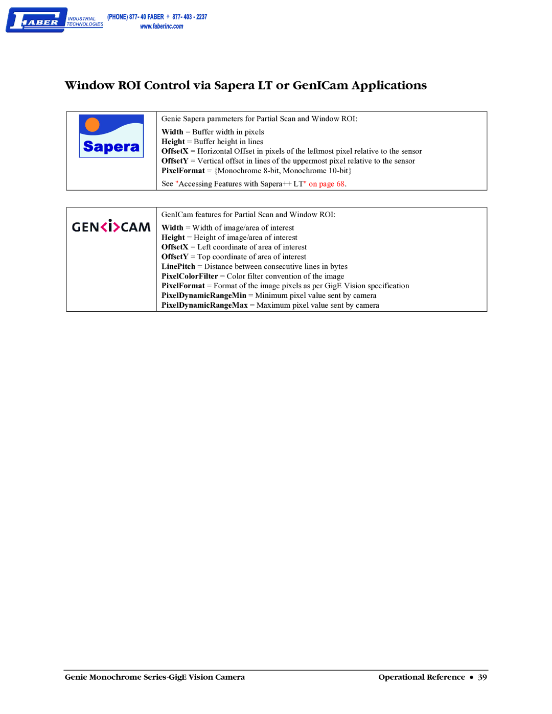 Faber M1600, M640, M1024, M1400 user manual Window ROI Control via Sapera LT or GenICam Applications 