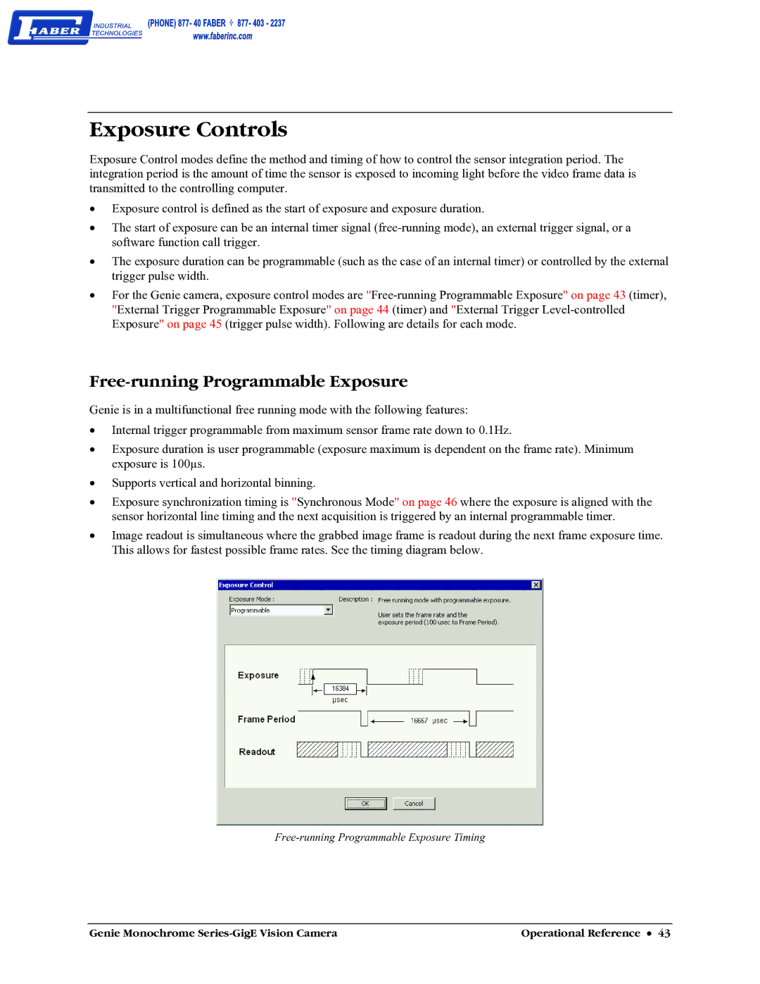 Faber M1600, M640, M1024, M1400 user manual Exposure Controls, Free-running Programmable Exposure 