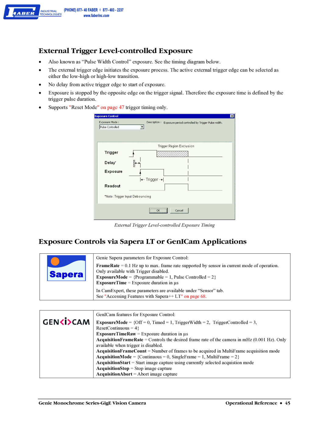 Faber M1400, M640 External Trigger Level-controlled Exposure, Exposure Controls via Sapera LT or GenICam Applications 