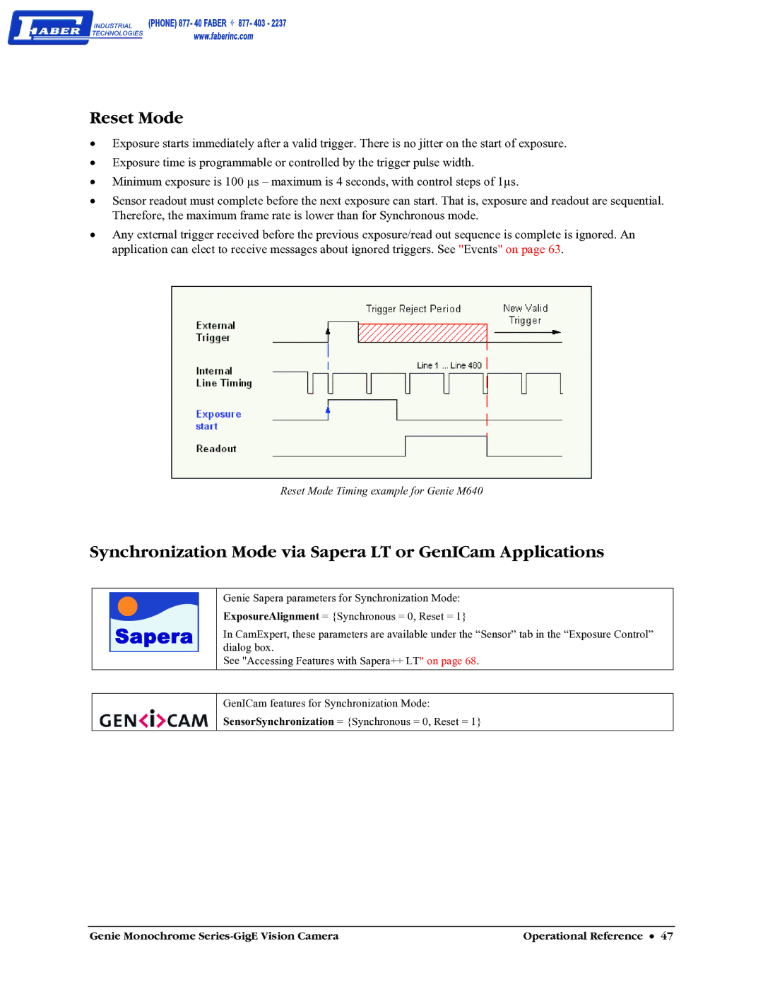 Faber M1600, M640, M1024, M1400 user manual Reset Mode, Synchronization Mode via Sapera LT or GenICam Applications 