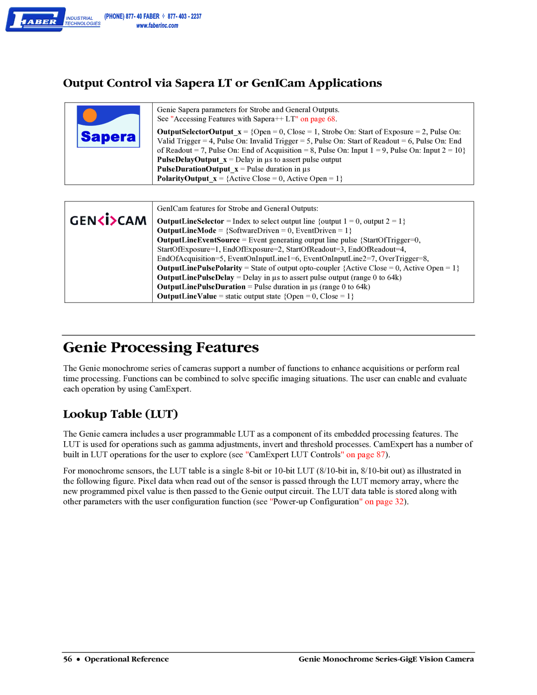 Faber M1024, M640, M1600 Genie Processing Features, Output Control via Sapera LT or GenICam Applications, Lookup Table LUT 