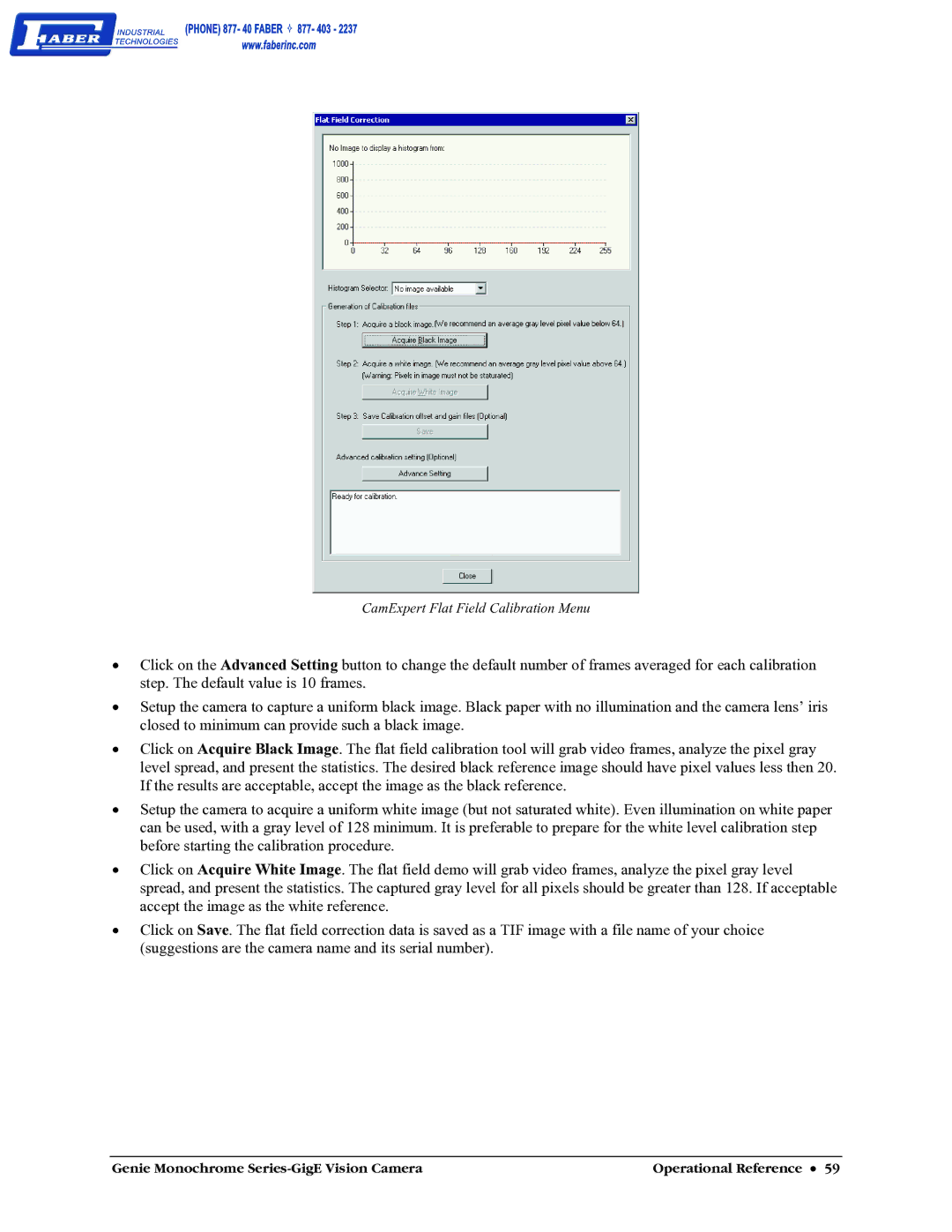 Faber M1600, M640, M1024, M1400 user manual CamExpert Flat Field Calibration Menu 