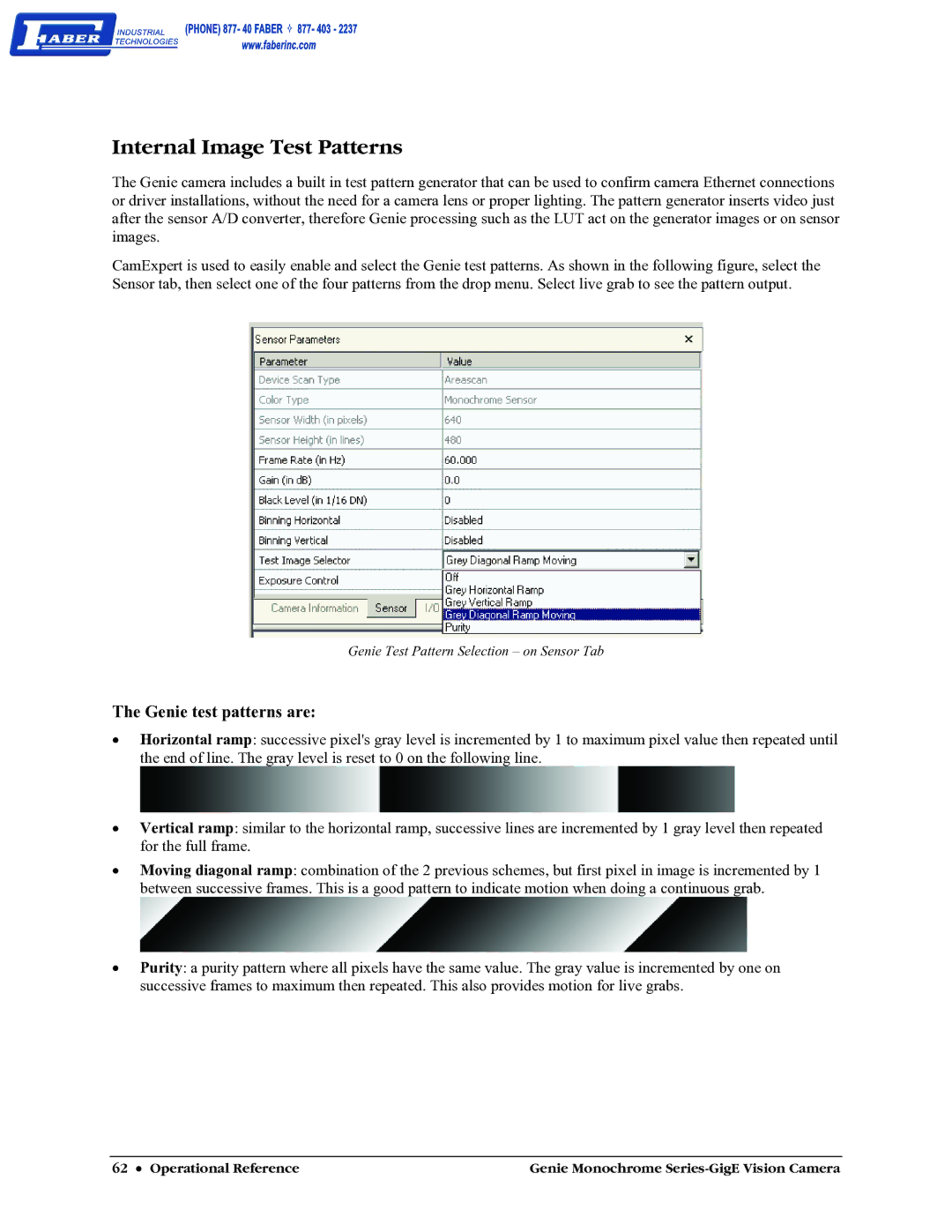 Faber M640, M1600, M1024, M1400 user manual Internal Image Test Patterns, Genie test patterns are 