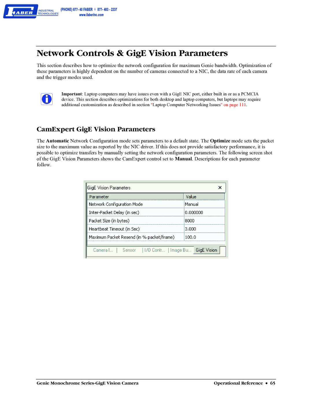 Faber M1400, M640, M1600, M1024 user manual Network Controls & GigE Vision Parameters, CamExpert GigE Vision Parameters 