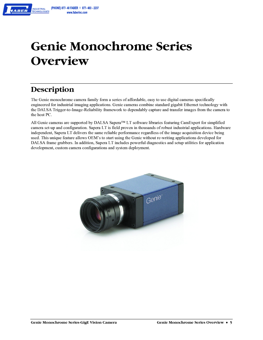 Faber M1400, M640, M1600, M1024 user manual Genie Monochrome Series Overview, Description 