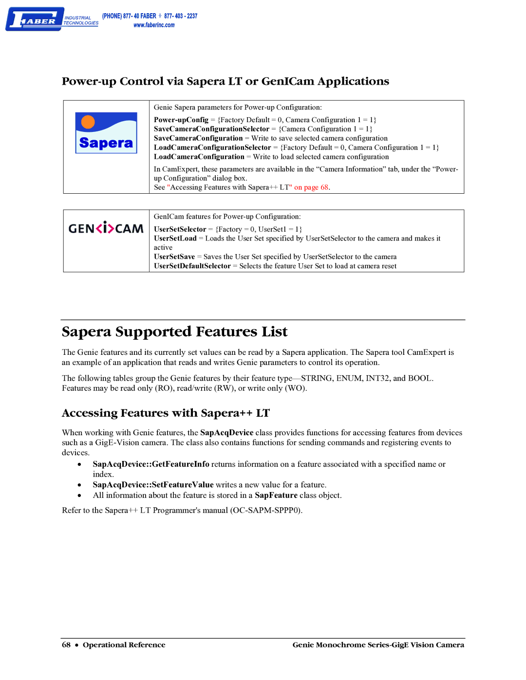 Faber M1024, M640, M1600, M1400 Sapera Supported Features List, Power-up Control via Sapera LT or GenICam Applications 