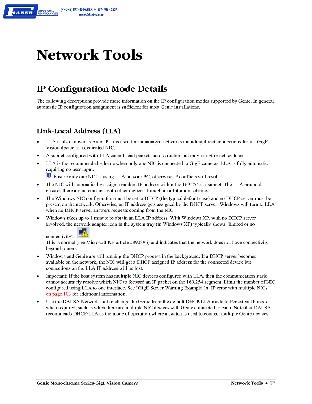 Faber M1400, M640, M1600, M1024 user manual Network Tools, IP Configuration Mode Details, Link-Local Address LLA 