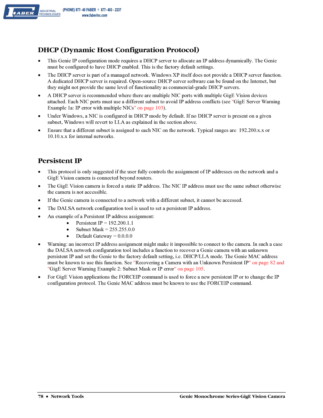 Faber M640, M1600, M1024, M1400 user manual Dhcp Dynamic Host Configuration Protocol, Persistent IP 