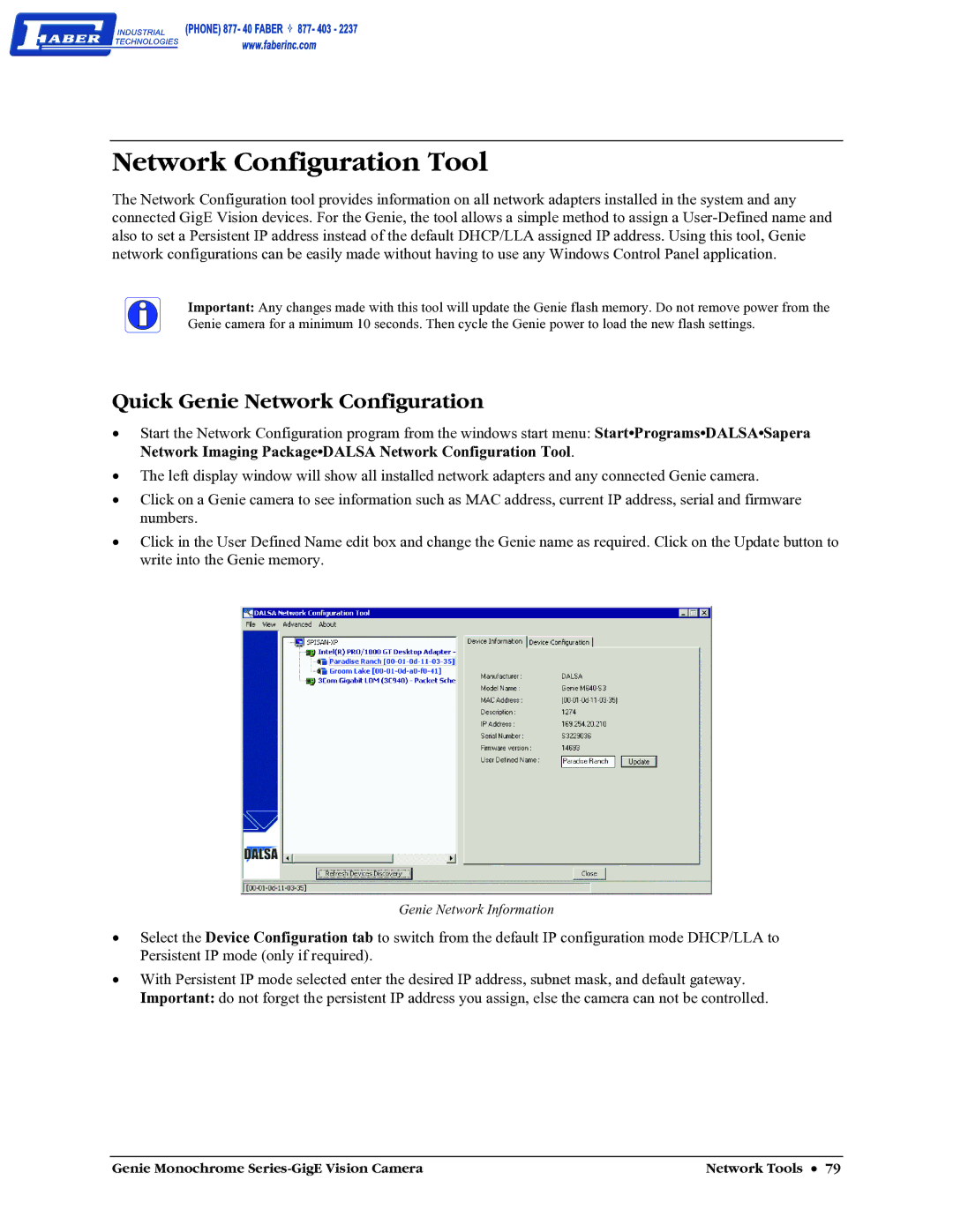 Faber M1600, M640, M1024, M1400 user manual Network Configuration Tool, Quick Genie Network Configuration 