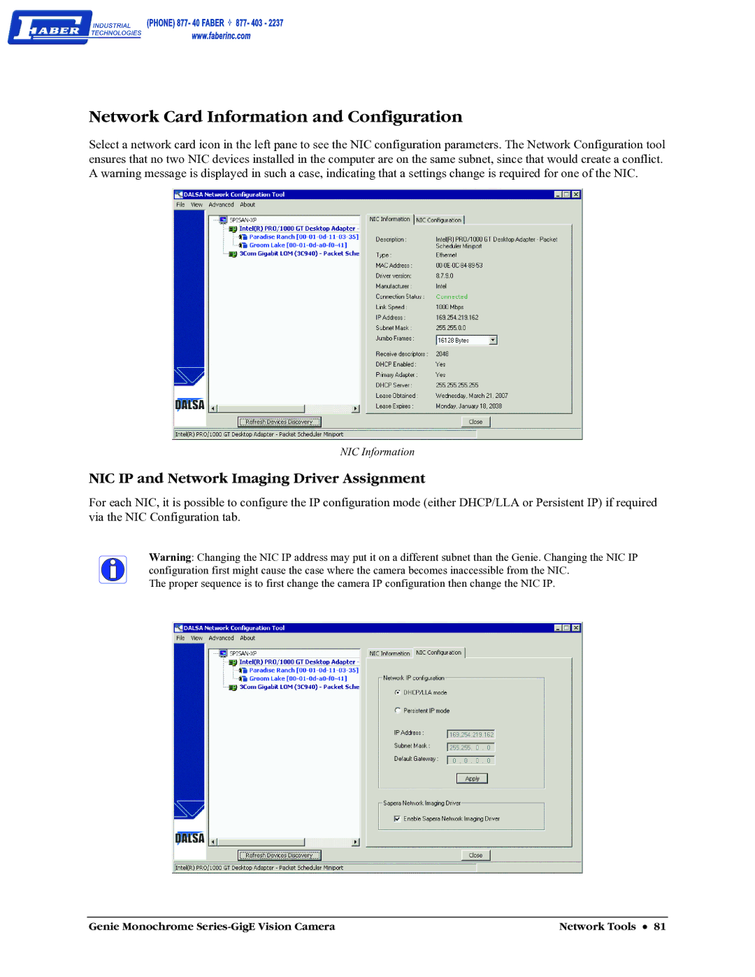 Faber M1400, M640, M1600, M1024 Network Card Information and Configuration, NIC IP and Network Imaging Driver Assignment 