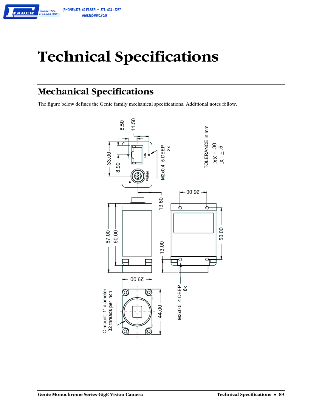 Faber M1400, M640, M1600, M1024 user manual Technical Specifications, Mechanical Specifications 