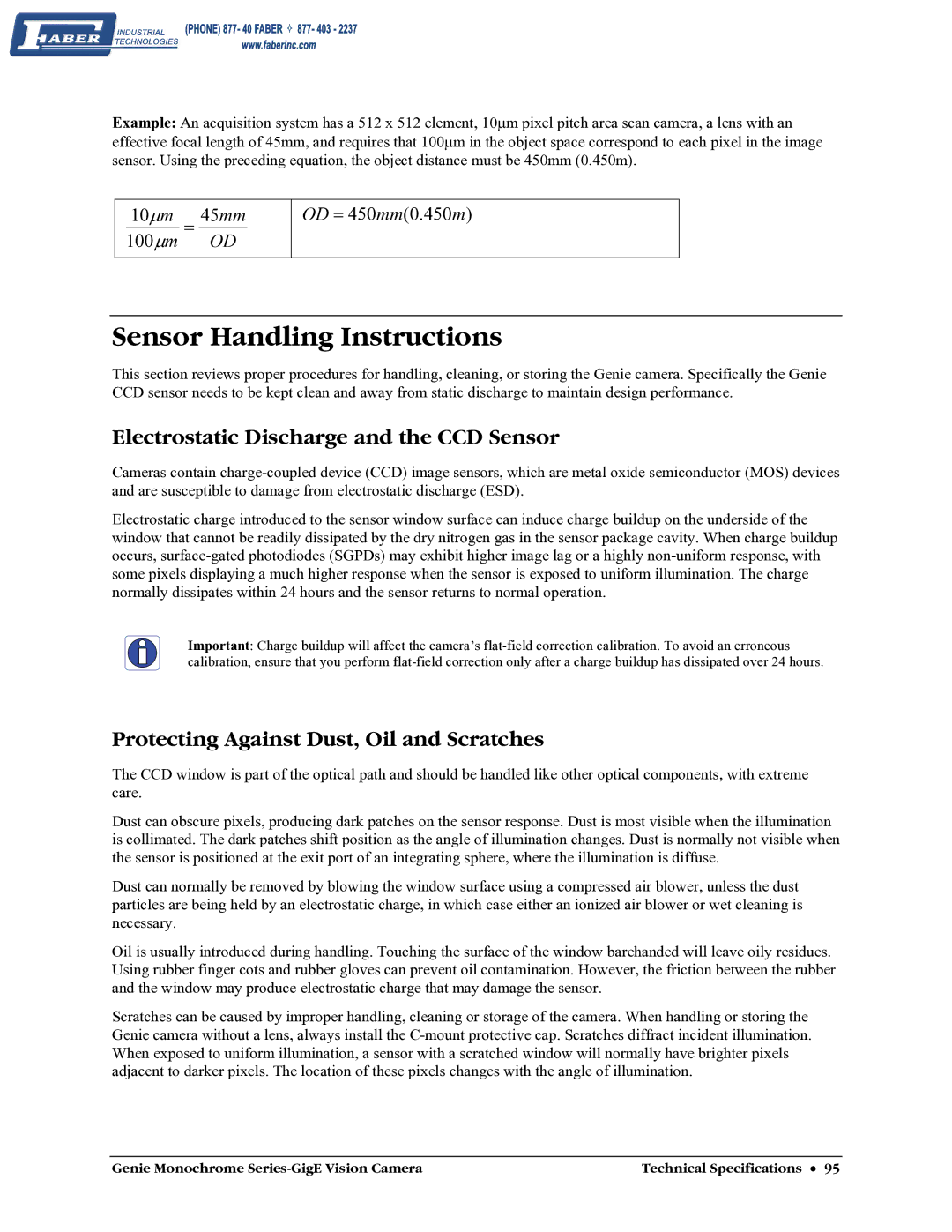 Faber M1600, M640, M1024, M1400 user manual Sensor Handling Instructions, Electrostatic Discharge and the CCD Sensor 