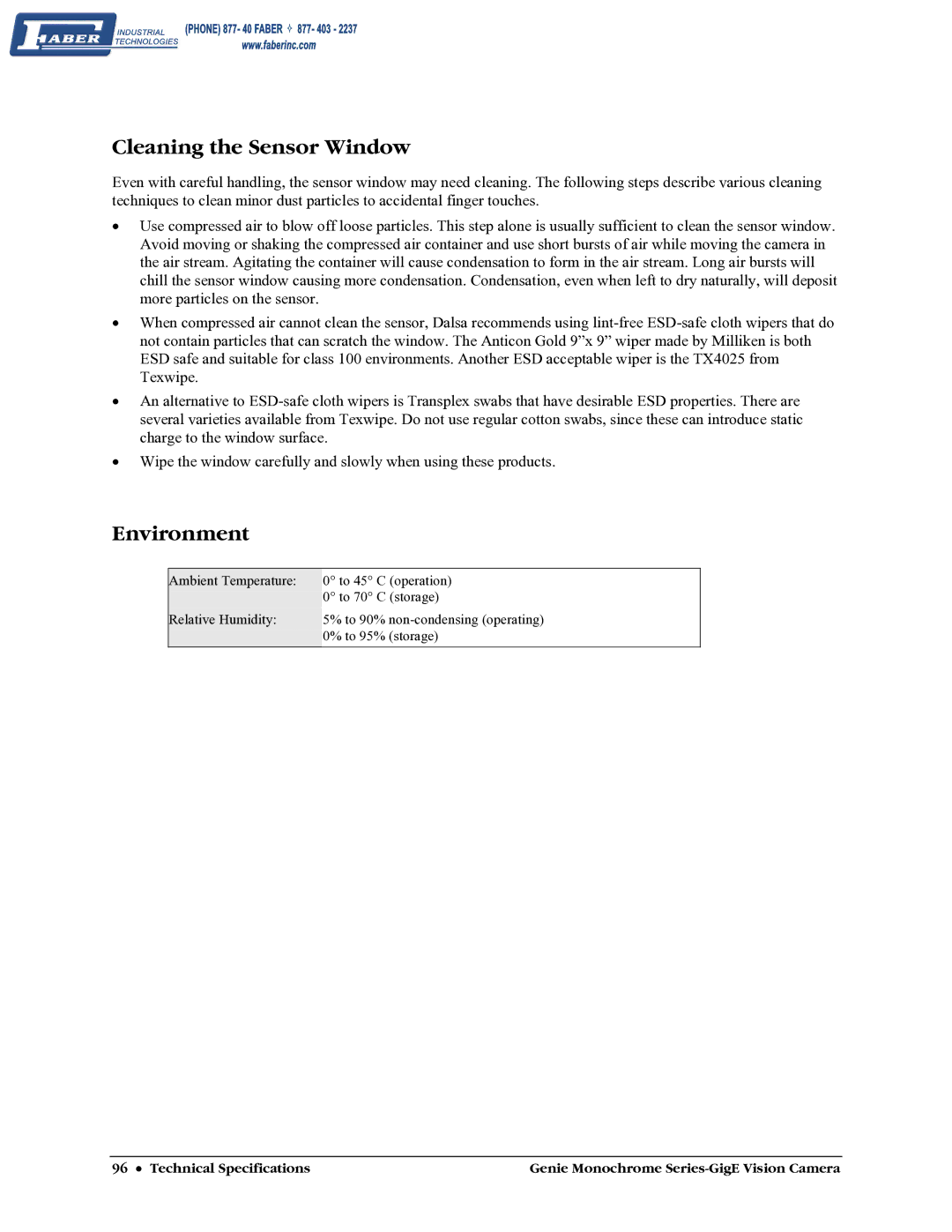 Faber M1024, M640, M1600, M1400 user manual Cleaning the Sensor Window, Environment 