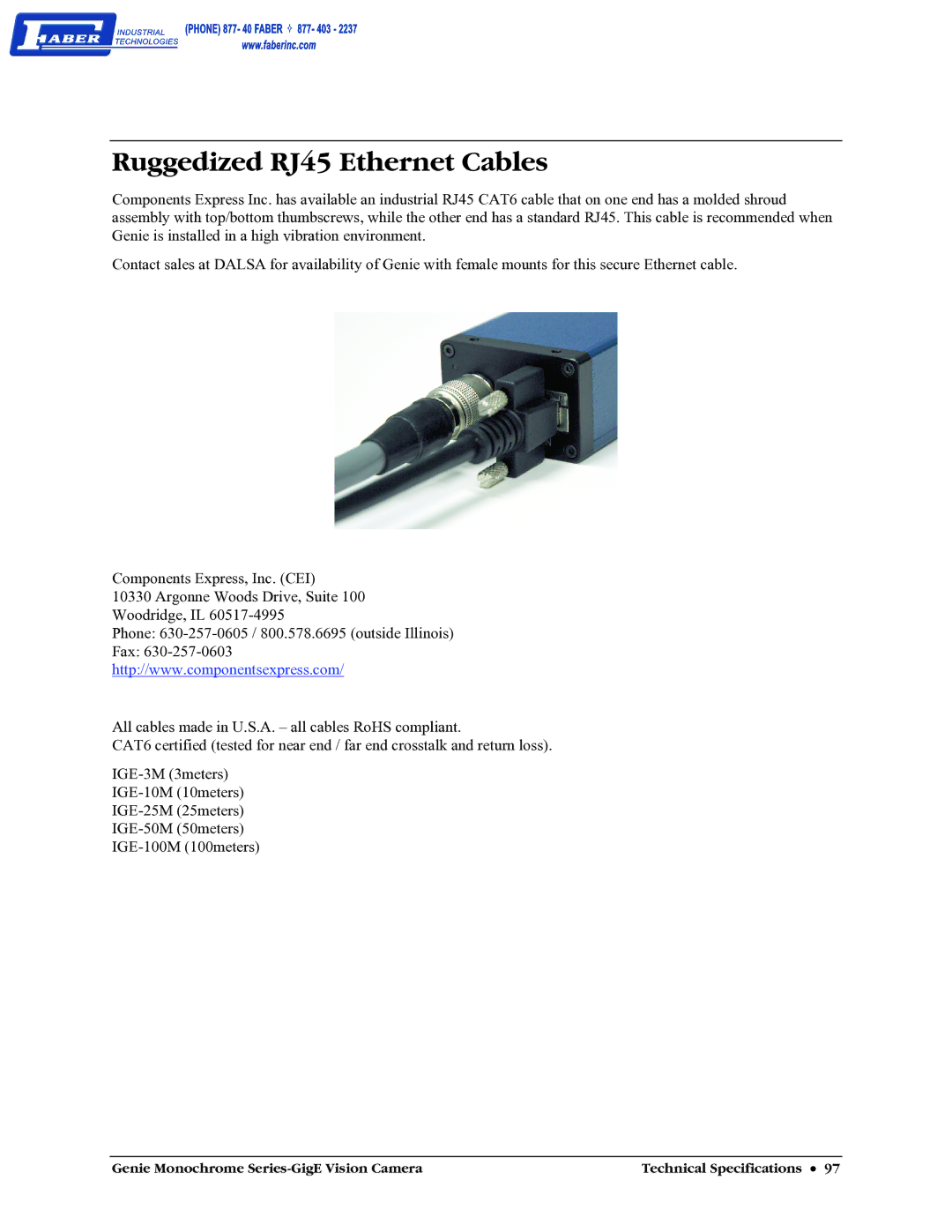 Faber M1400, M640, M1600, M1024 user manual Ruggedized RJ45 Ethernet Cables 