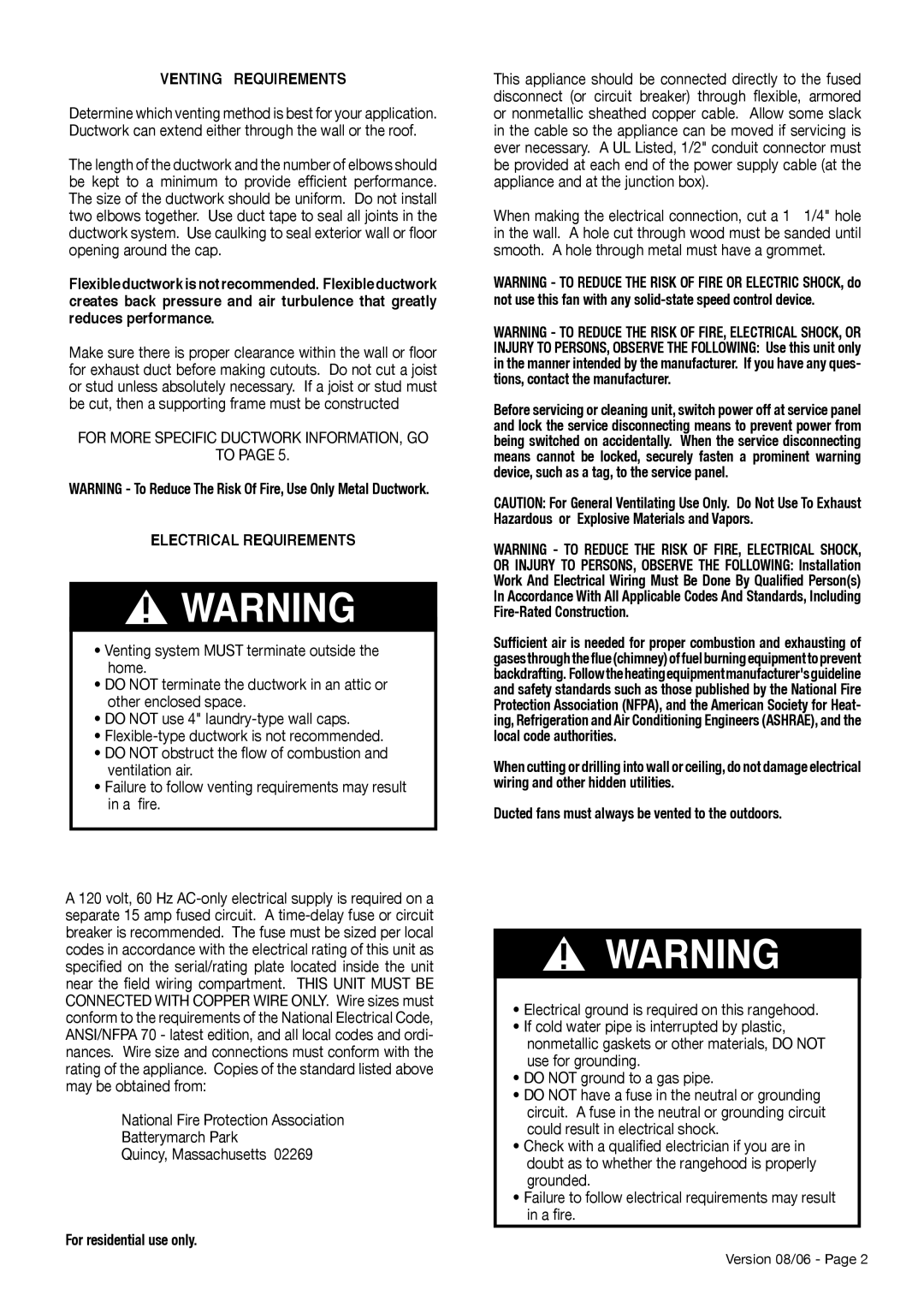 Faber Magnum installation instructions Venting Requirements, Electrical Requirements, For residential use only 