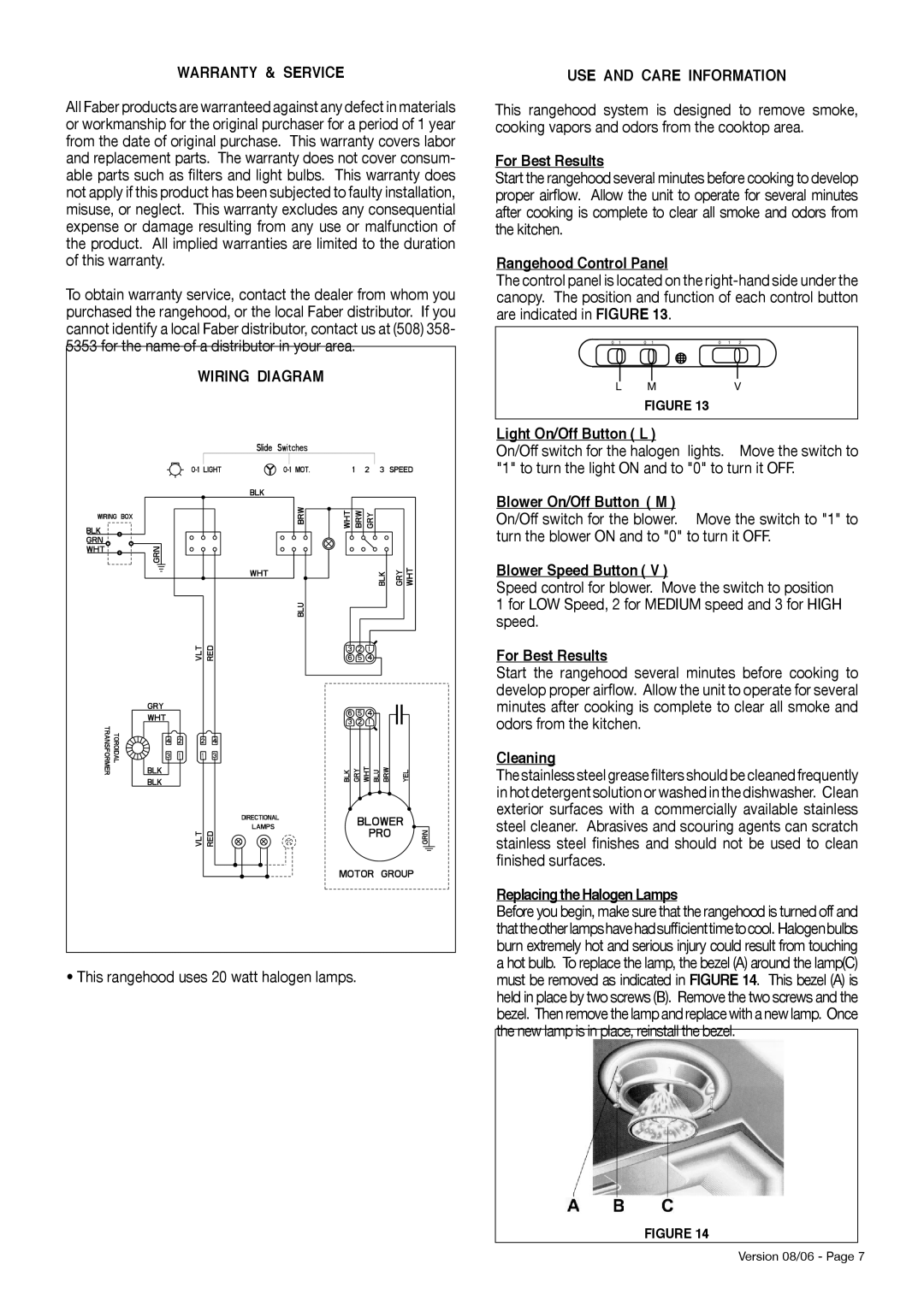 Faber Magnum installation instructions Warranty & Service, Wiring Diagram, USE and Care Information 