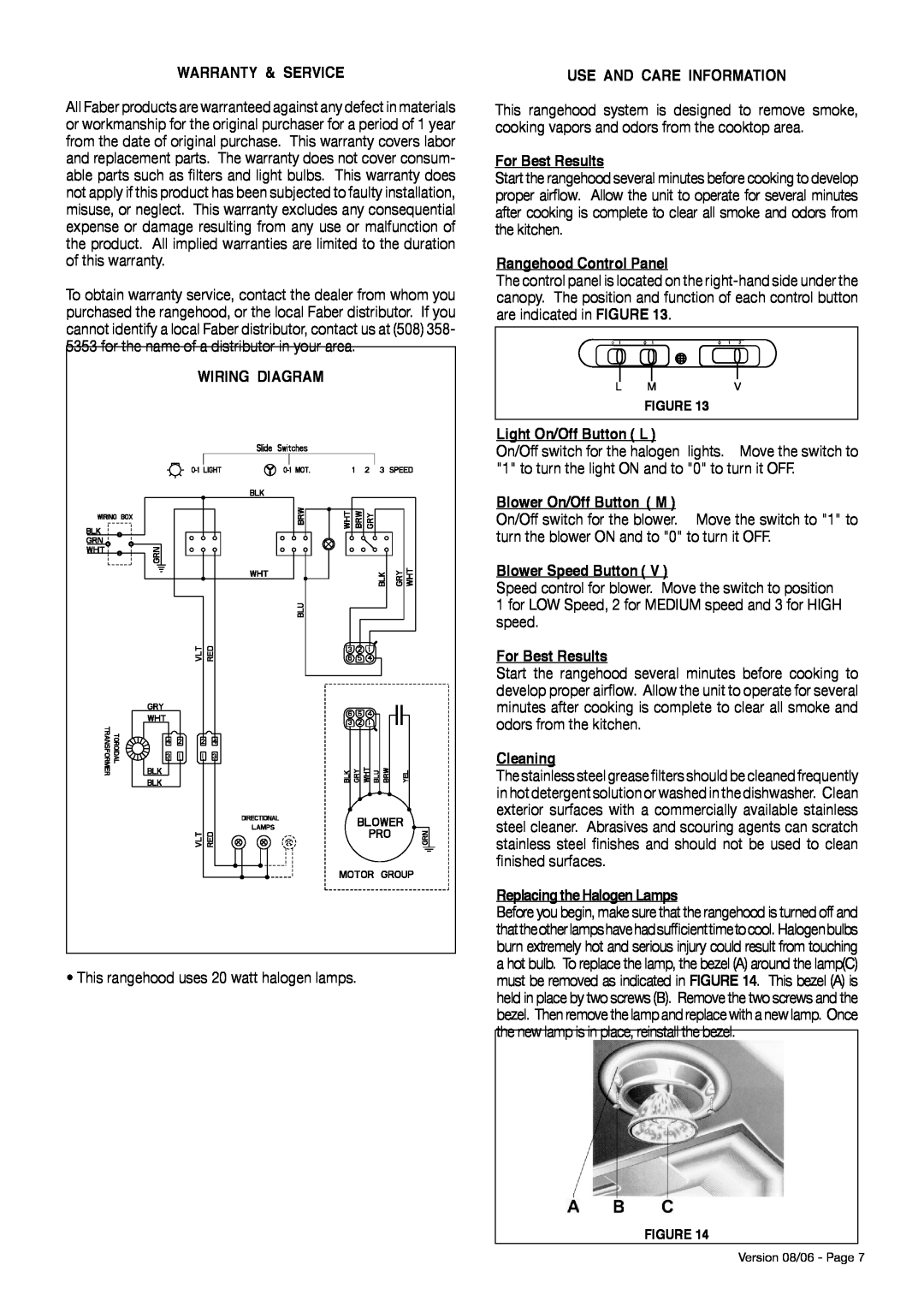 Faber Magnum Warranty & Service, Wiring Diagram, Use And Care Information, For Best Results, Rangehood Control Panel 