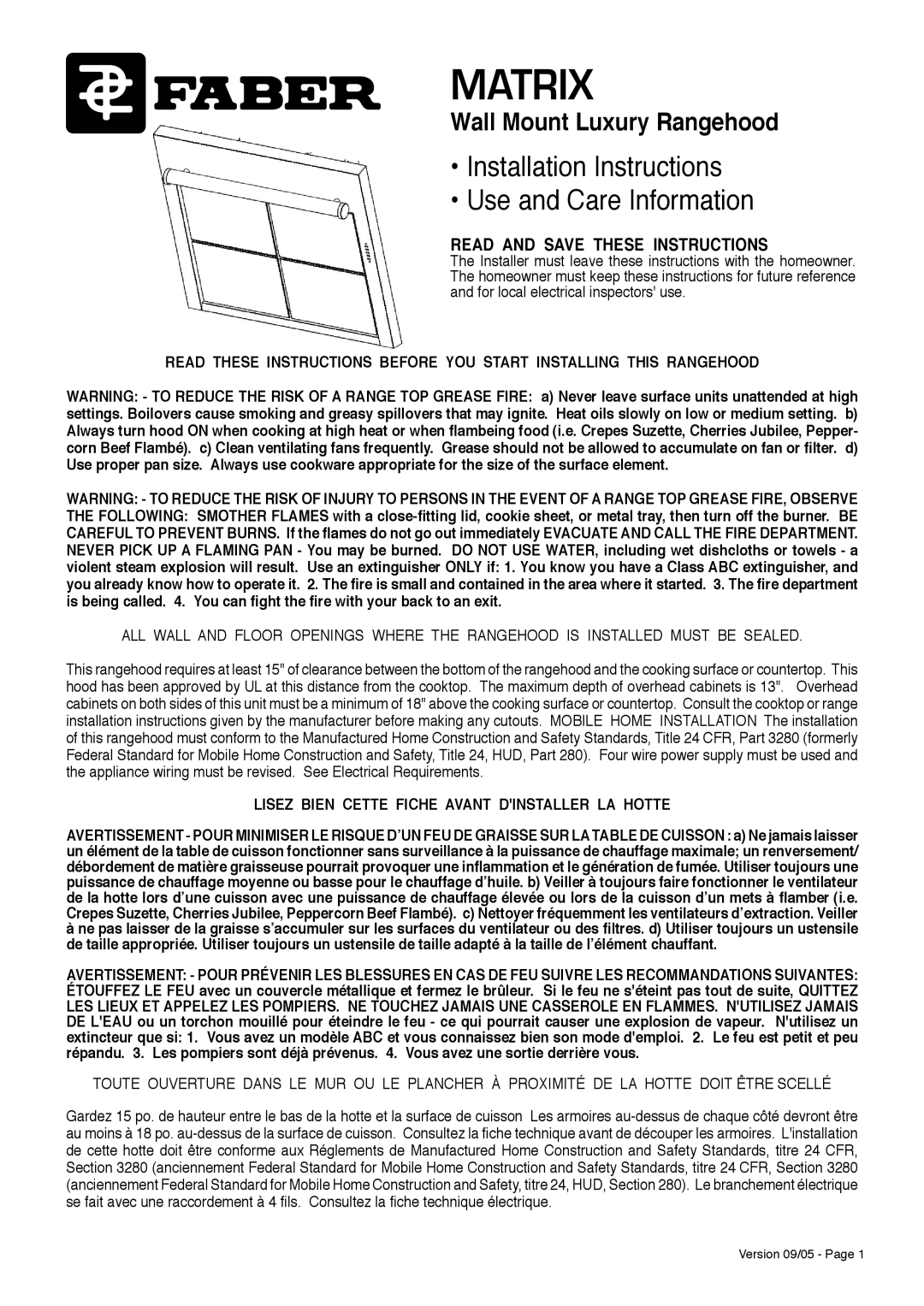 Faber Matrix installation instructions Lisez Bien Cette Fiche Avant Dinstaller LA Hotte 