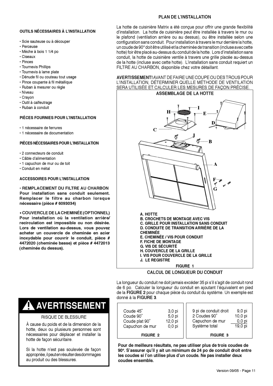 Faber Matrix installation instructions Plan DE LʼINSTALLATION, Risque DE Blessure, Calcul DE Longueur DU Conduit 