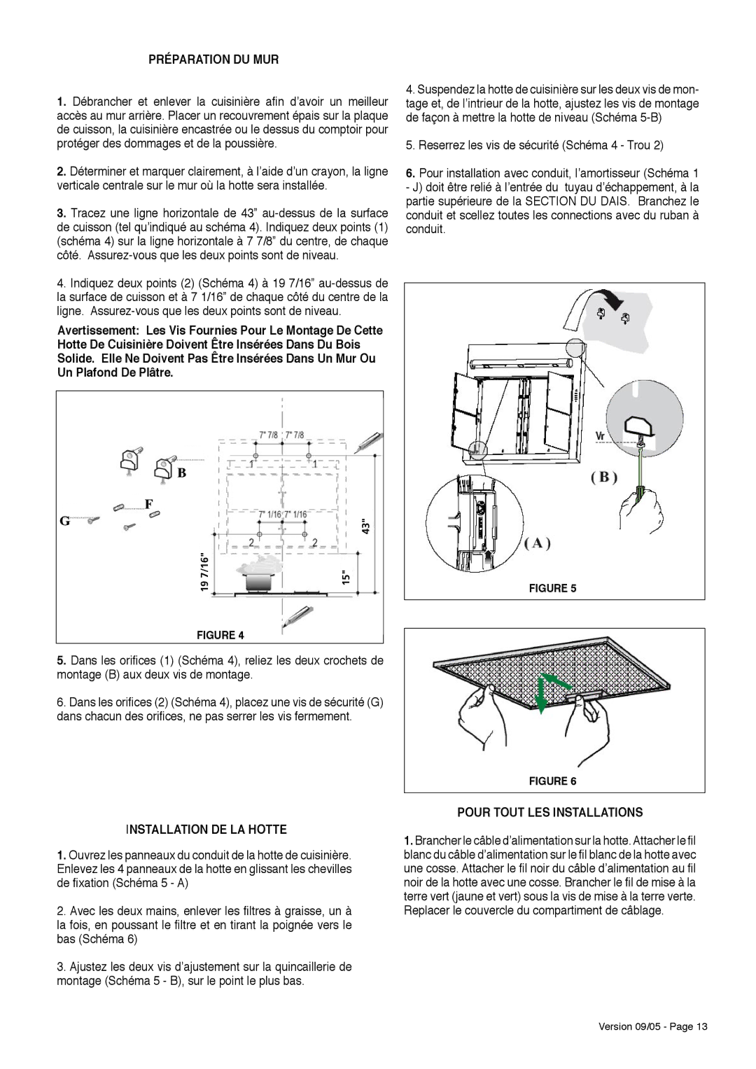 Faber Matrix installation instructions Préparation DU MUR, Installation DE LA Hotte, Pour Tout LES Installations 