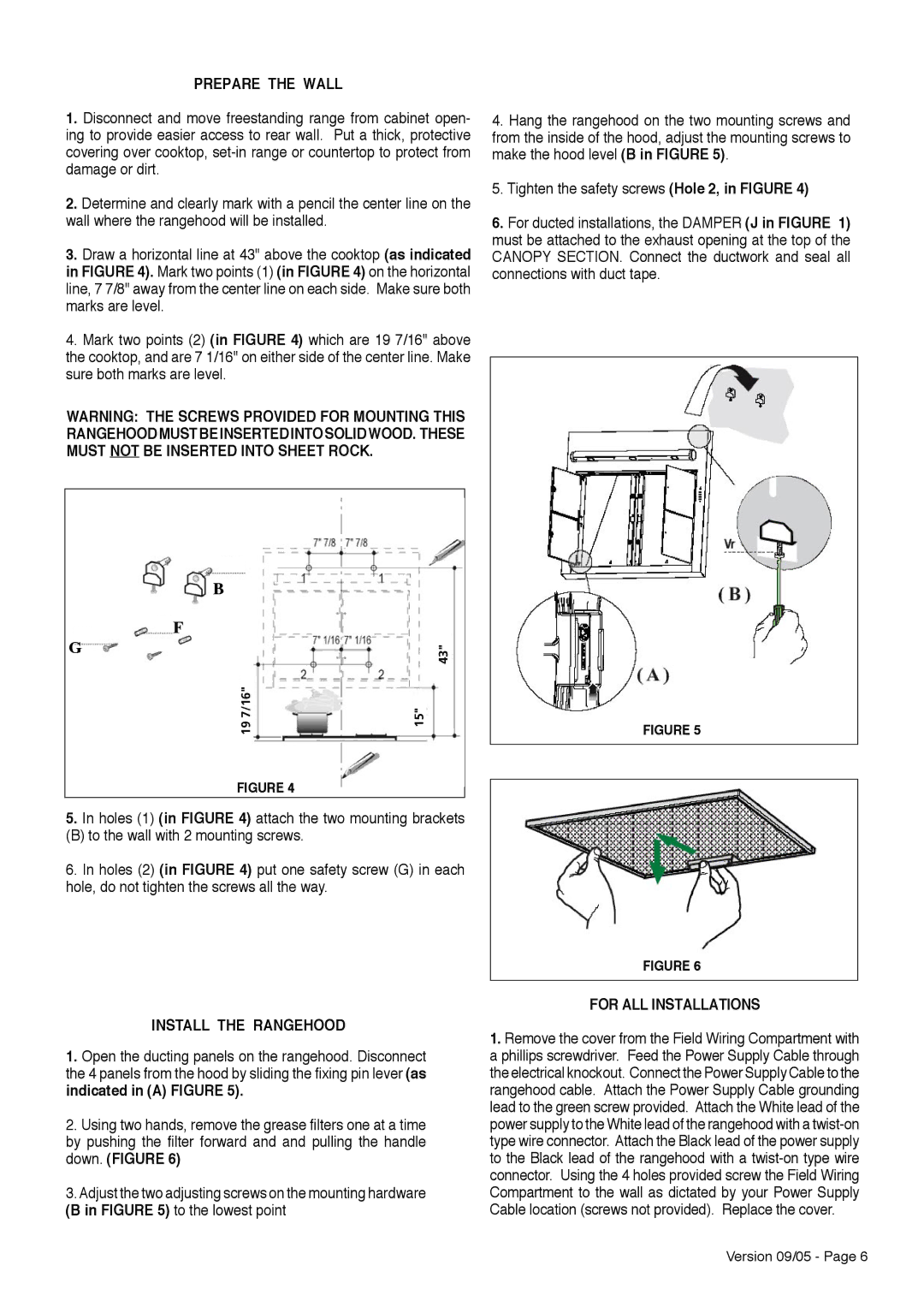 Faber Matrix installation instructions Prepare the Wall, Install the Rangehood, For ALL Installations 