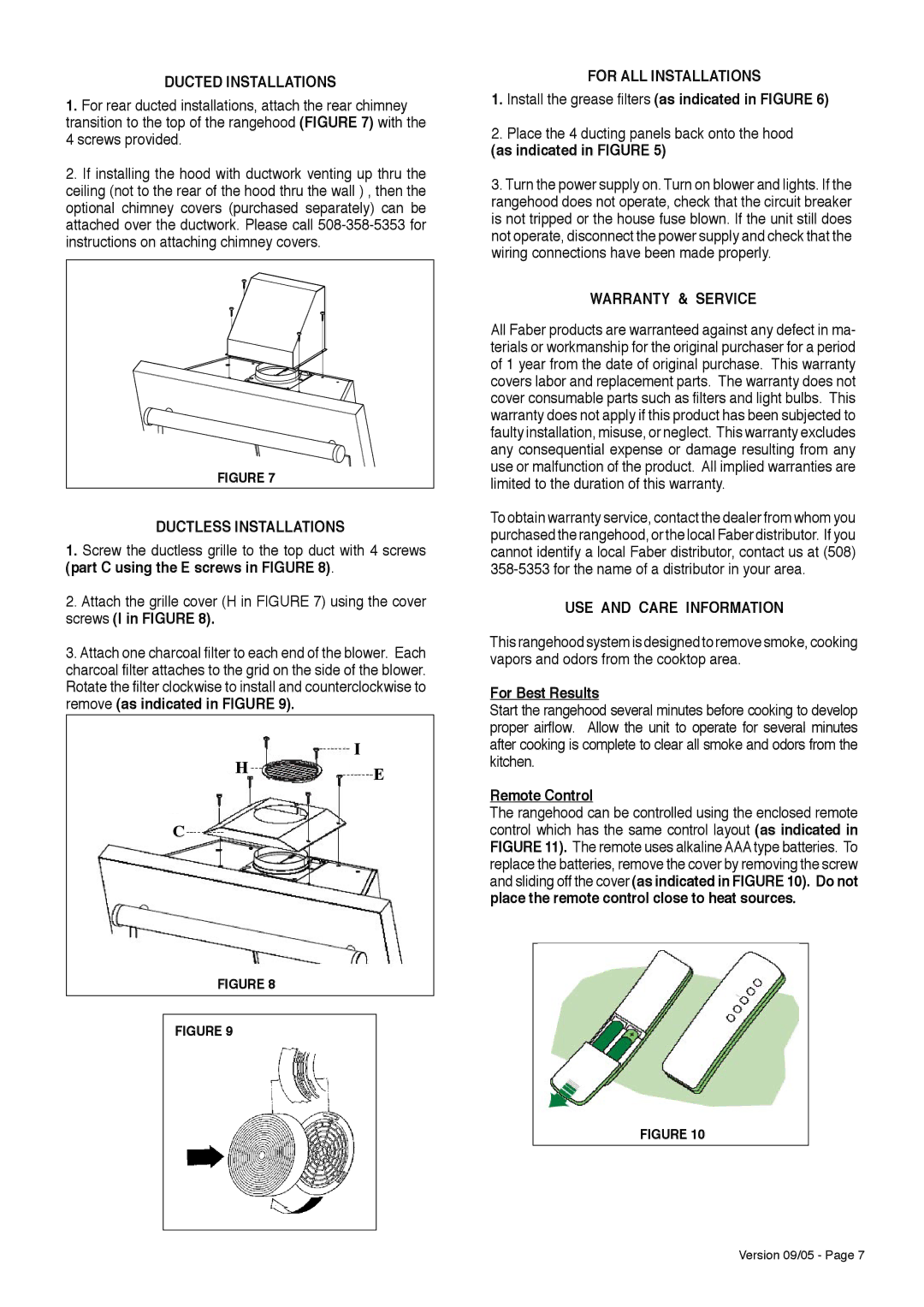 Faber Matrix Ducted Installations, Ductless Installations, Warranty & Service, USE and Care Information 