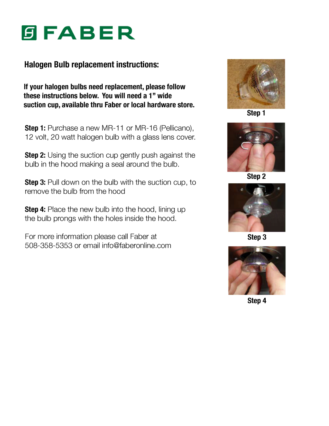 Faber MR-11, MR-16 manual Halogen Bulb replacement instructions 