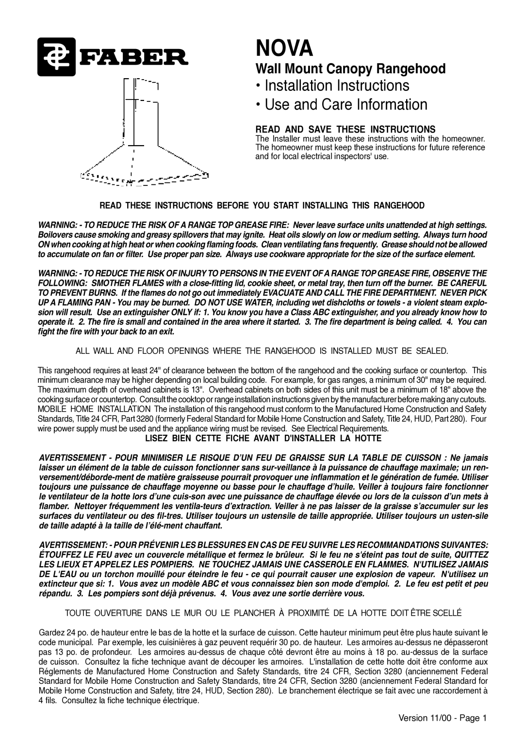 Faber Nova installation instructions Lisez Bien Cette Fiche Avant Dinstaller LA Hotte 