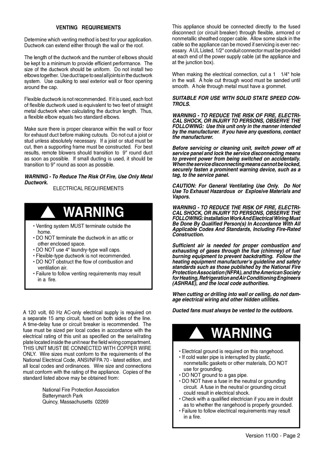 Faber Nova installation instructions Venting Requirements, Electrical Requirements 