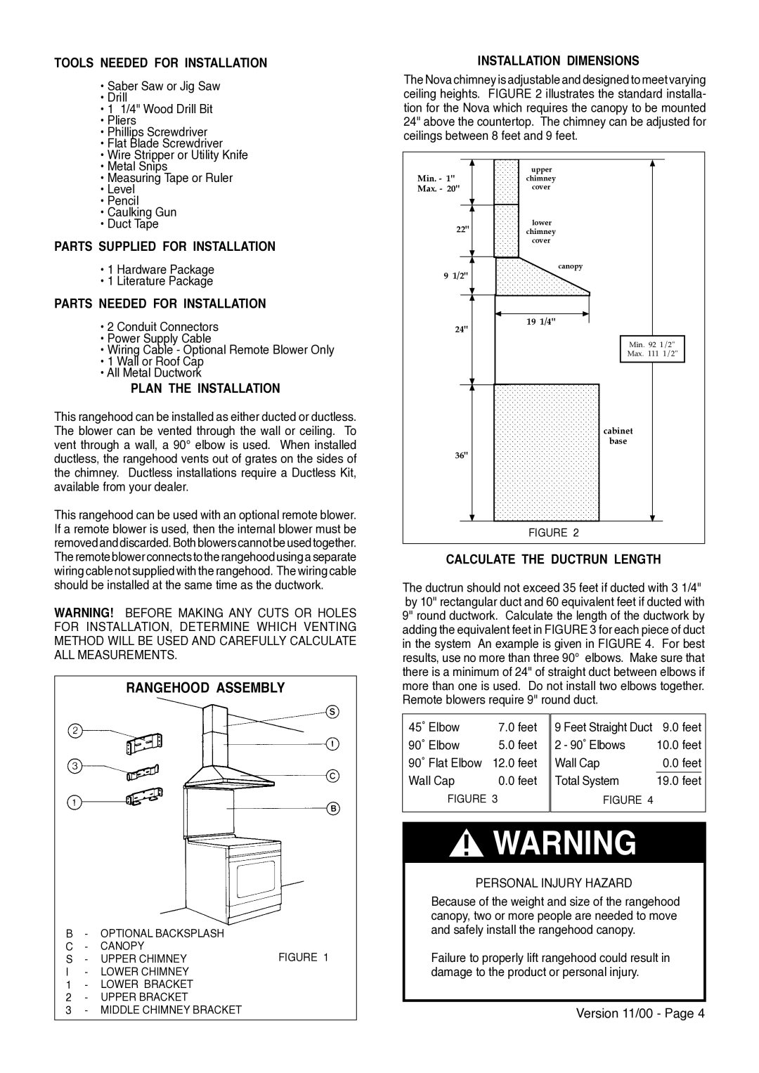 Faber Nova Tools Needed for Installation, Installation Dimensions, Parts Supplied for Installation, Plan the Installation 