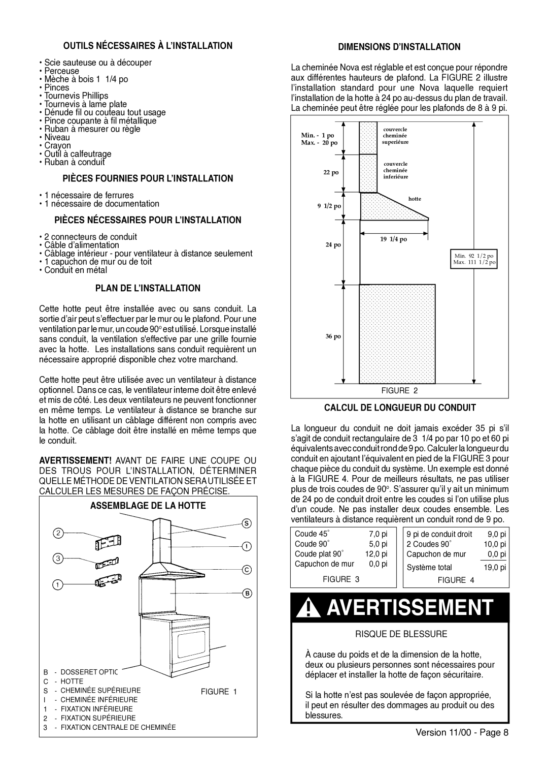 Faber Nova installation instructions Assemblage DE LA Hotte, Calcul DE Longueur DU Conduit 