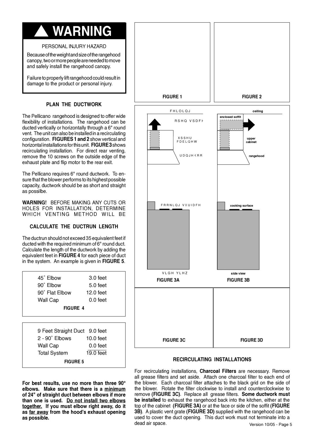 Faber PELLICANO manual Personal Injury Hazard, Plan the Ductwork, Calculate the Ductrun Length, Recirculating Installations 